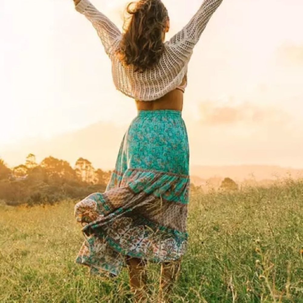 SOLD OUT Turquoise Bohemian Floral Long Casual Skirt - Picture 1 of 6